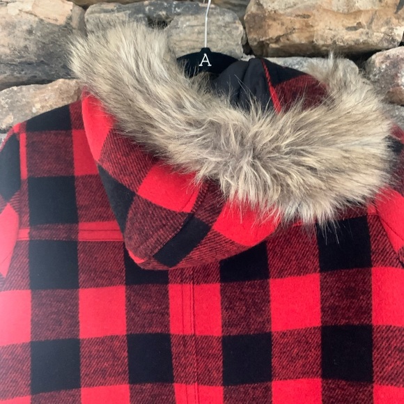 J.Crew buffalo check wool coat with hood NWT Size 2 fur hood RED - Picture 3 of 7